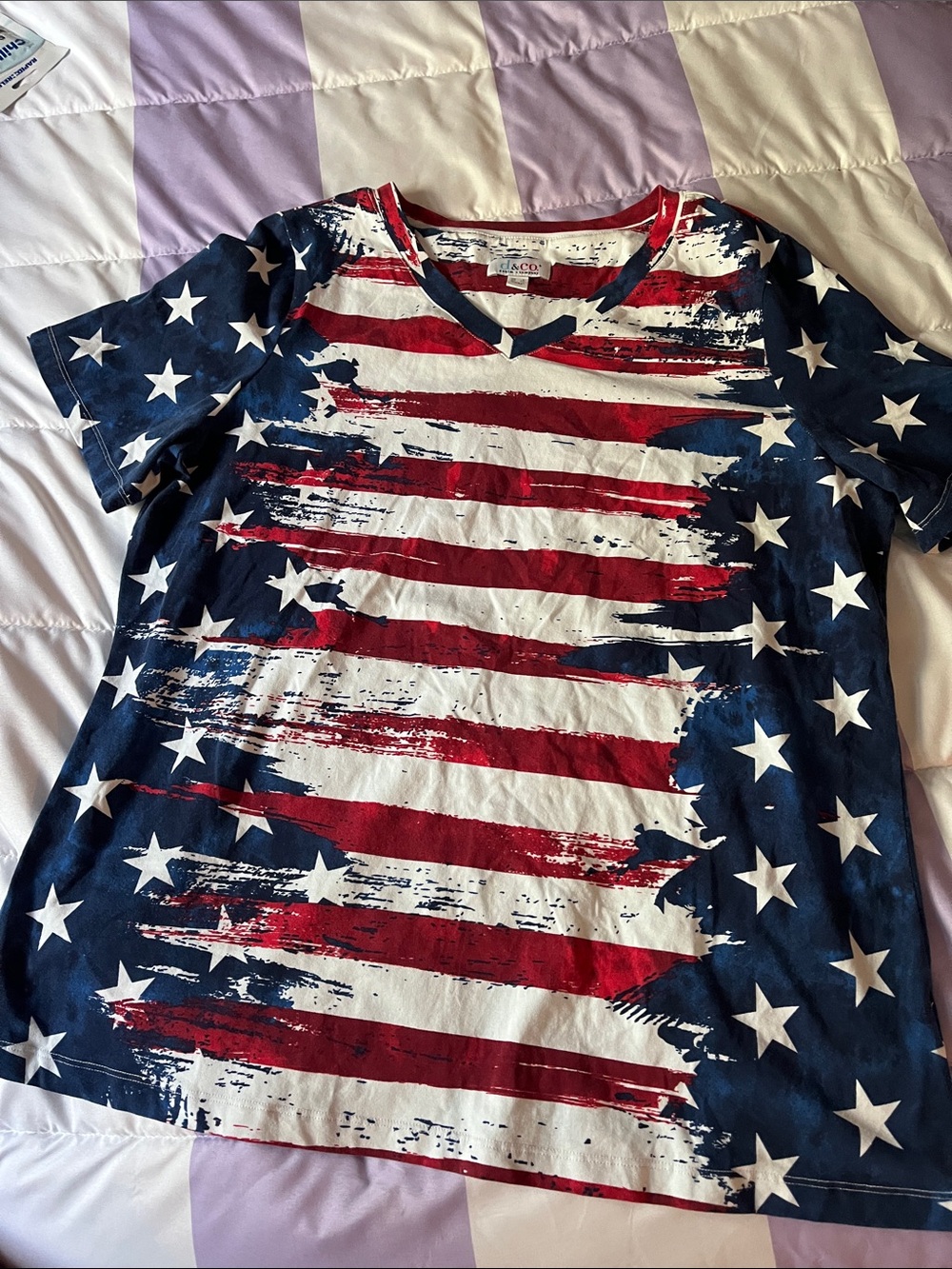 D & Co Denim & Company Patriotic TShirt Size L Red White & Blue